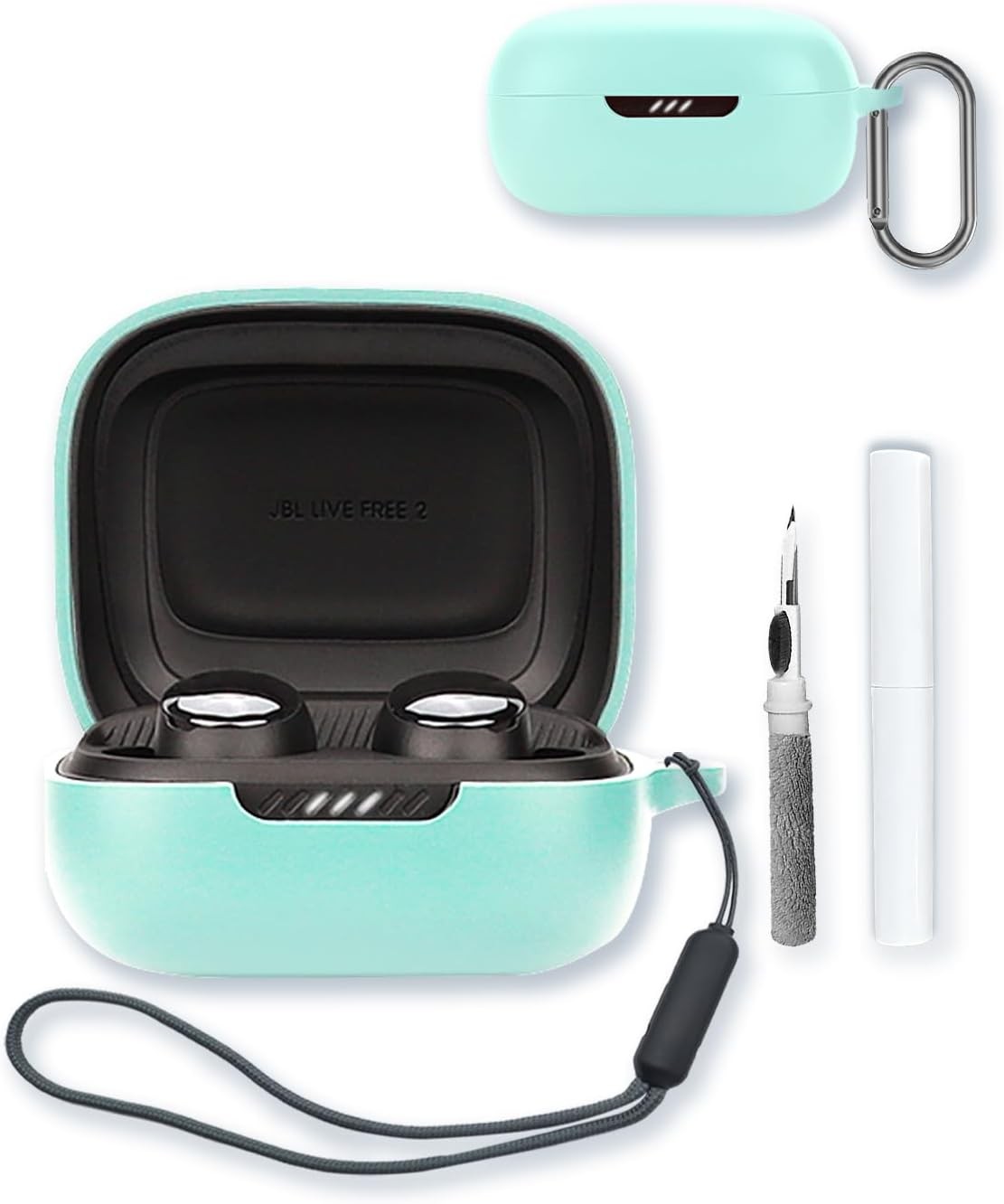 Silicone Case Compatible with JBL Live Pro 2 - with Keychain, Cleaning Kit, Lanyard, Luminous Green