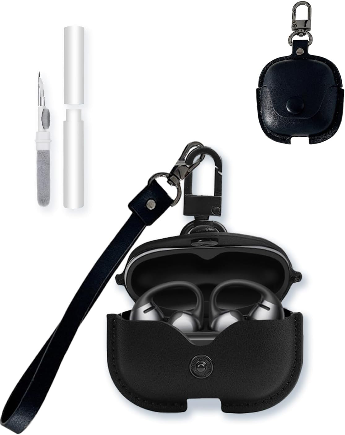 Retro PU Leather Case Compatible with SHOKZ OpenDots ONE, with Cleaning Kit & Lanyard, Black