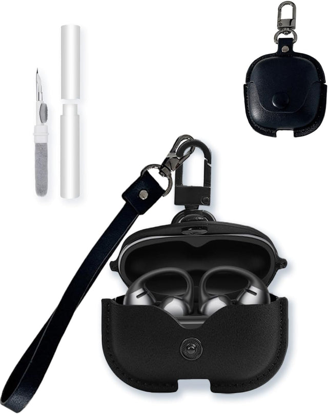 Retro PU Leather Case Compatible with SHOKZ OpenDots ONE, with Cleaning Kit & Lanyard, Black