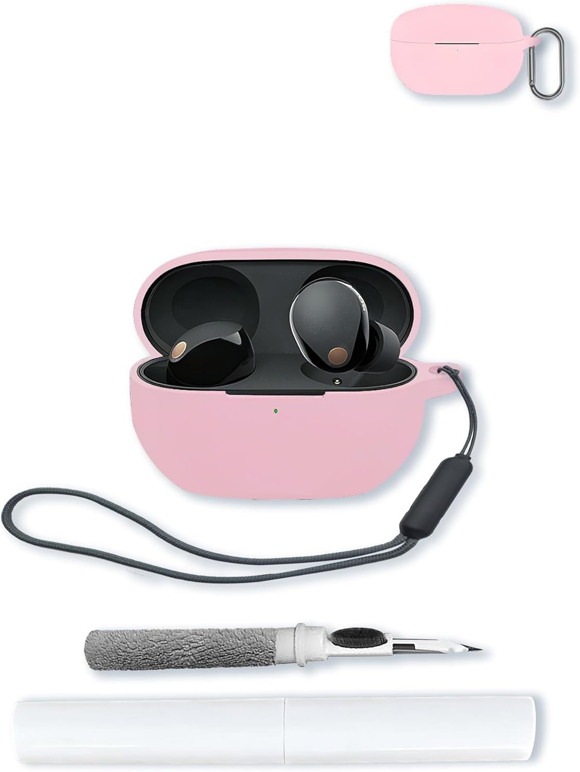 Silicone Case Compatible with Sony WF-1000XM5, with Keychain, Cleaning Kit & Lanyard, Green