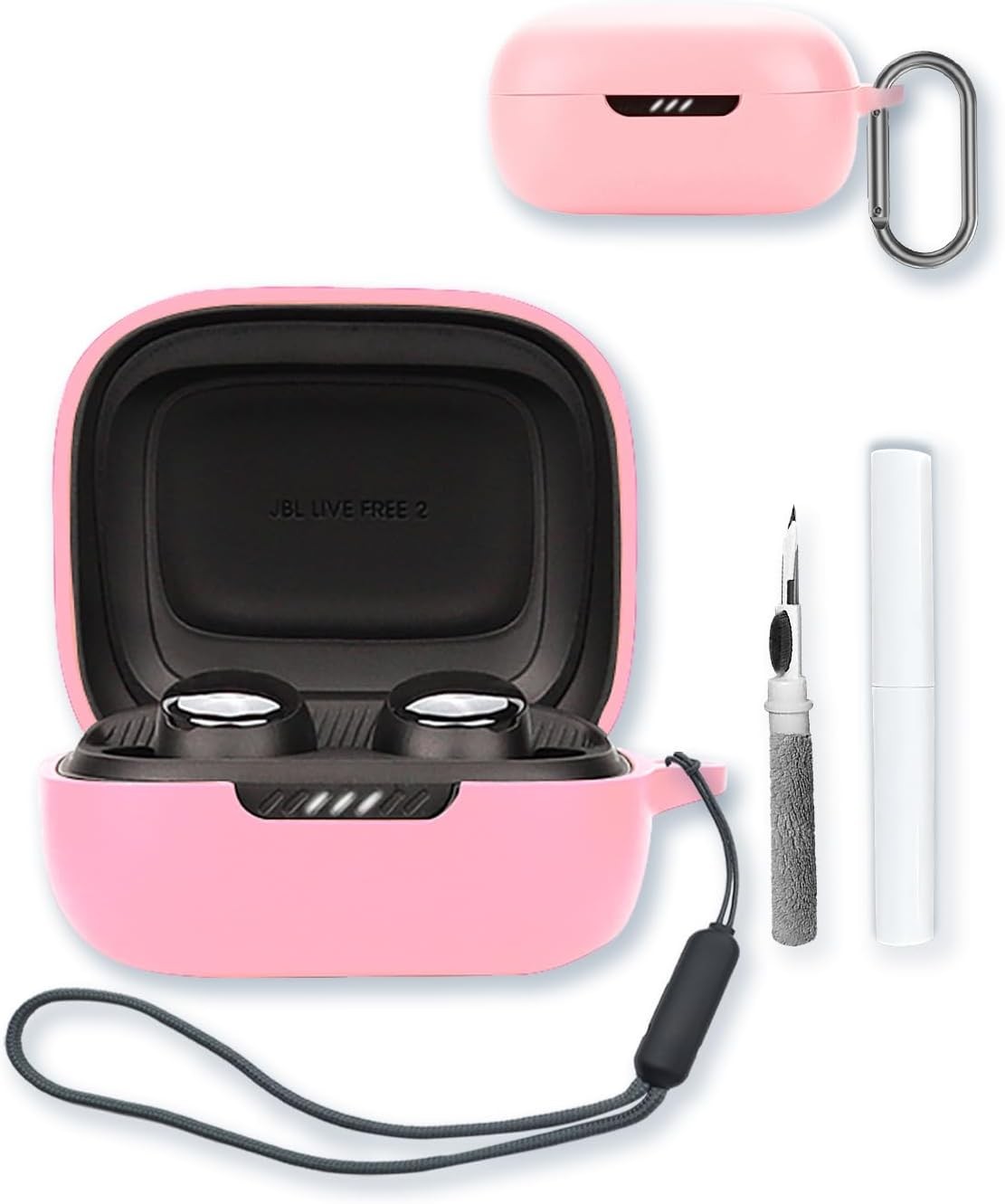 Silicone Case for JBL Live Pro 2, Shockproof Protective Cover with Keychain & Lanyard, Green Pink
