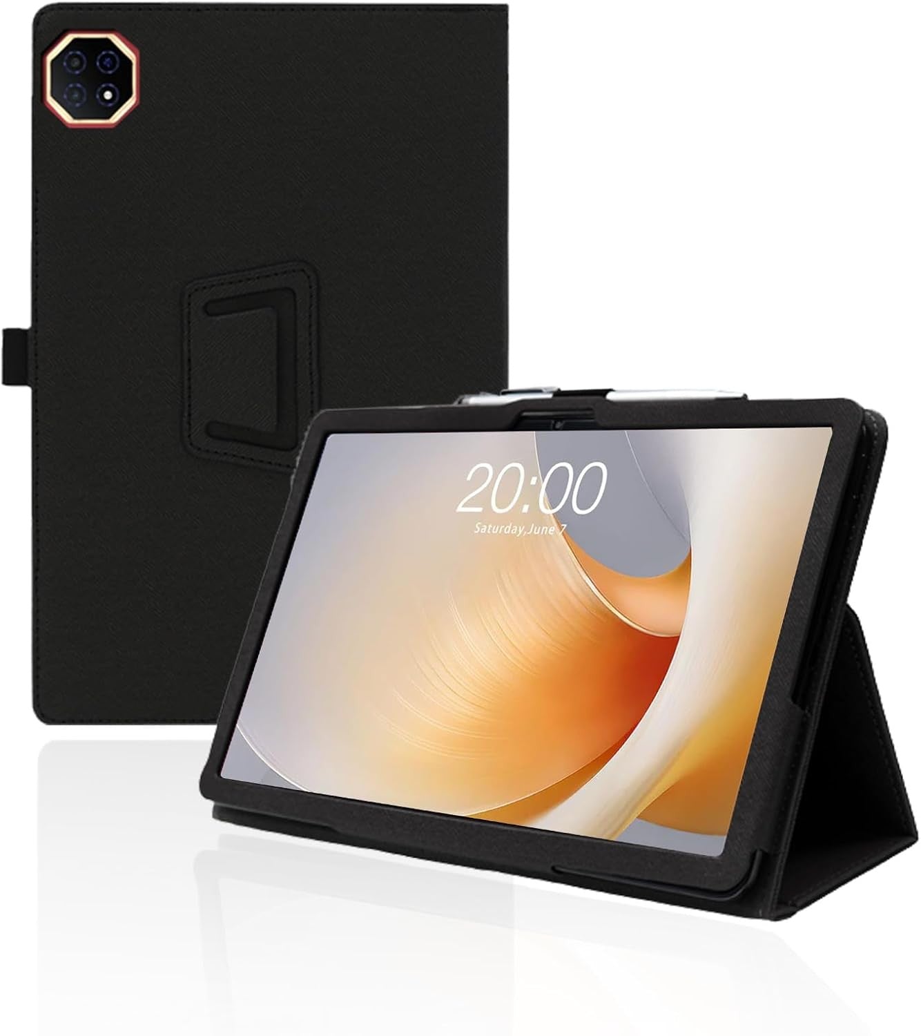 Compatible with Teclast T65 Plus PU Leather Cover, Folding Stand, Pencil Holder & Hand Strap, Black