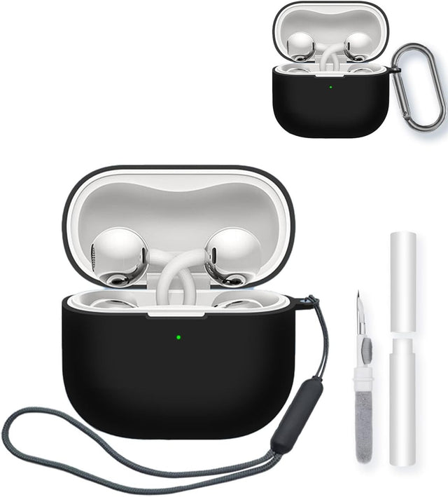 Silicone Case Compatible with Huawei FreeClip 2, Keychain, Cleaning Kit & Lanyard - Black