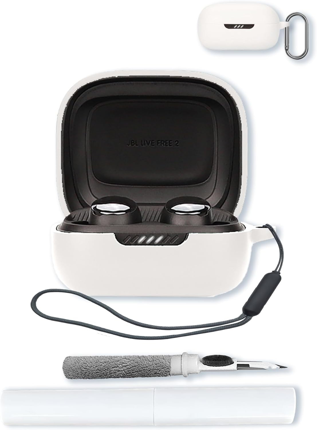 Silicone Case Compatible with JBL Live Pro 2 - Shockproof Cover with Keychain, Cleaning Kit & Lanyard