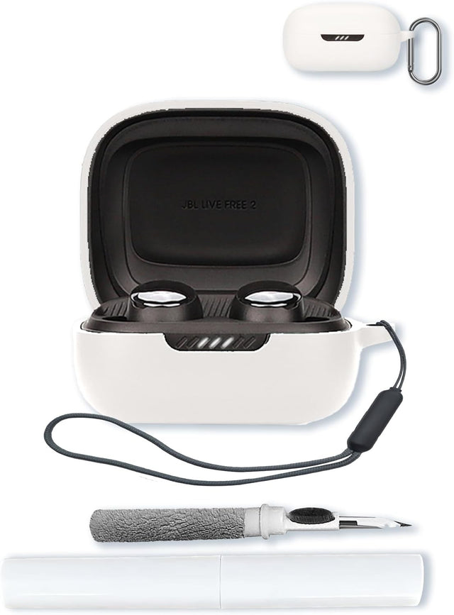 Silicone Case Compatible with JBL Live Pro 2 - Shockproof Cover with Keychain, Cleaning Kit & Lanyard