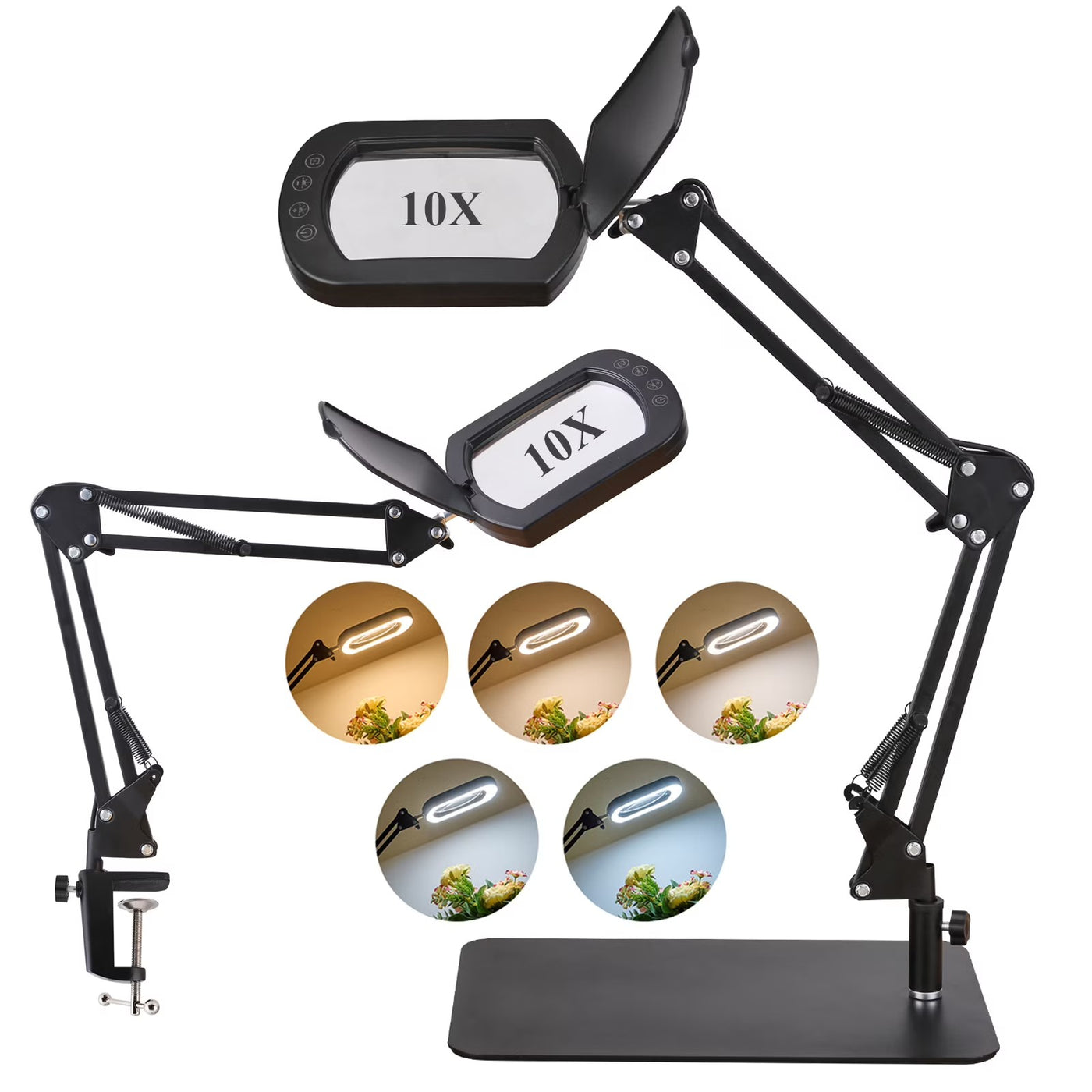 10X Magnifying Glass with Light, 5 Color Modes, Rechargeable, Stepless Dimmable, Clip-On & Tabletop for Reading