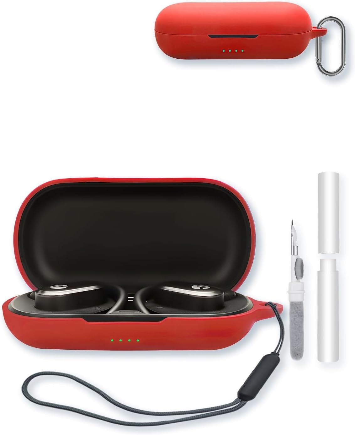 Silicone Case for Raycon Open Earbuds, Soft Protective Cover with Keychain, Cleaning Kit & Lanyard, red