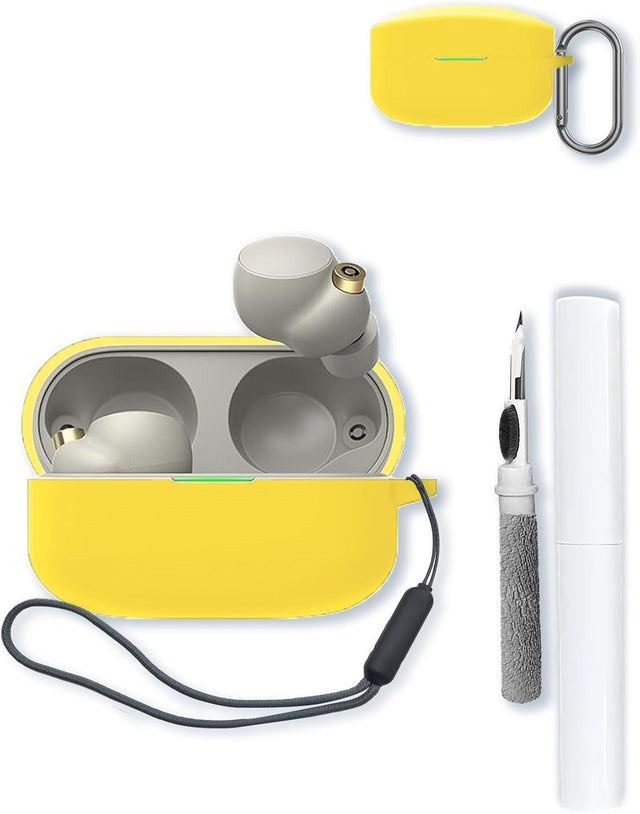 Silicone Case for Sony WF-1000XM4, Soft Protective Cover with Keychain, Cleaning Pen & Lanyard, Shockproof Dustproof, Yellow