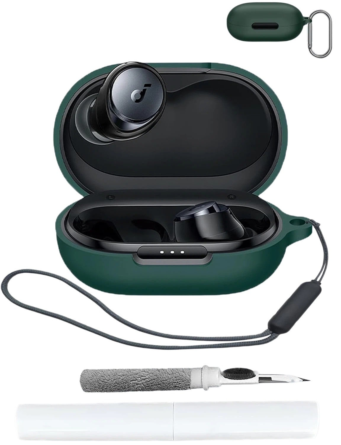 Silicone Case for Soundcore Space A40 Earbuds, Soft Protective Cover with Keychain & Cleaning Kit Green