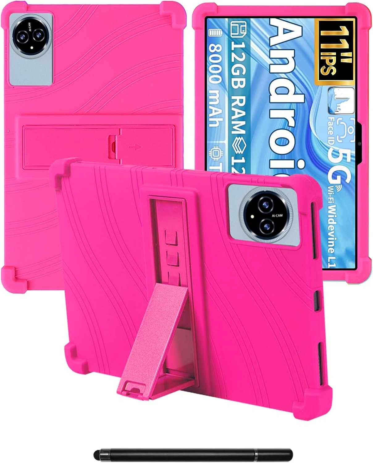 Compatible with QDDQ P80/Relndoo P80 11" Silicone Case, Adj. Stand Shockproof Kids Friendly RoseRed