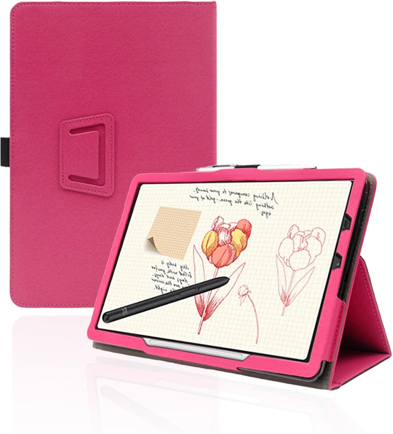 PU Leather Case for XP-Pen Magic Note Pad 10.95", Folding Stand, Pencil Holder, Wrist Strap Rose Red
