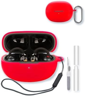 Silicone Case for EarFun Clip Wireless Open Earbuds, Shockproof Protective Cover with Keychain, Cleaning Kit and Lanyard - Red