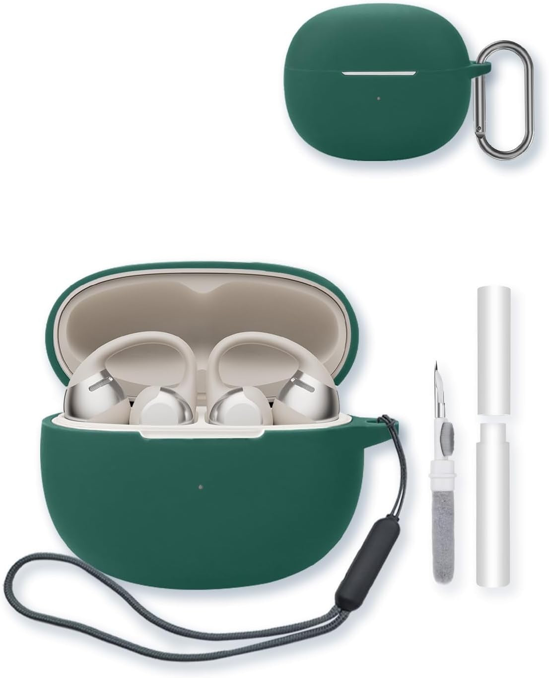 Soft Silicone Case for SHOKZ OpenDots ONE Earbuds, Protective Cover with Keychain, Cleaning Kit & Lanyard, Green