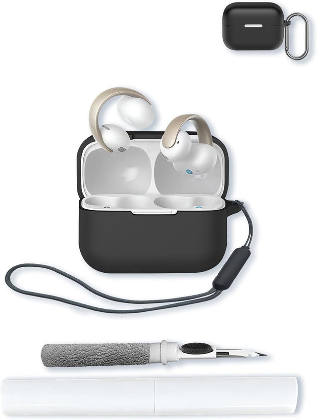 Silicone Case for Anker Soundcore AeroClip Open-Ear Clip-On Earbuds, Protective Cover with Keychain, Cleaning Pen & Lanyard - White/Black