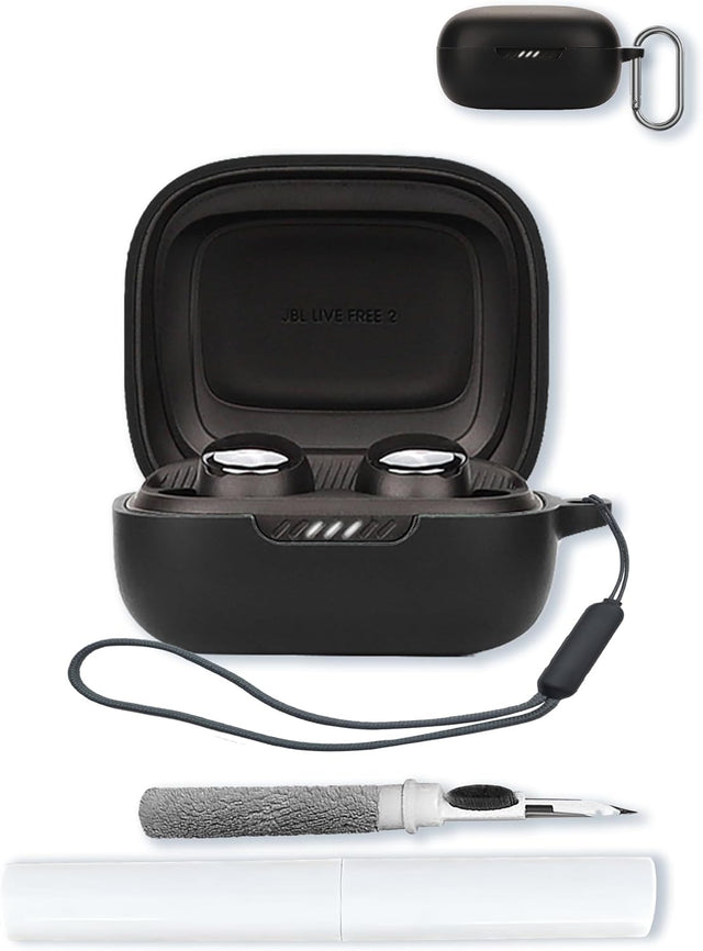 Silicone Case for JBL Live Pro 2, Soft Protective Shockproof Cover with Keychain, Cleaning Kit and Lanyard -Black