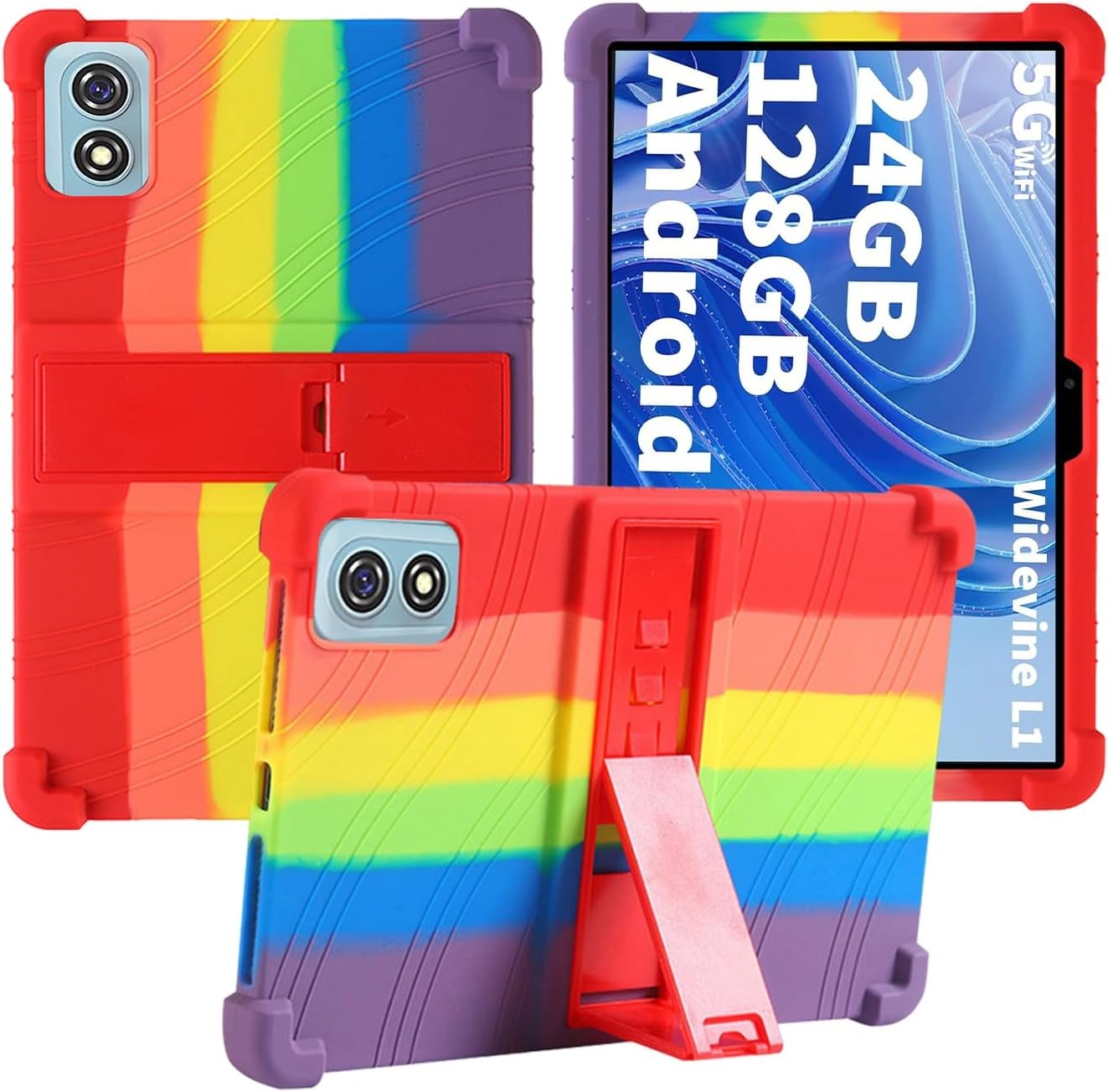 Soft Silicone Tablet Case Compatible with T901 10", Shockproof, Adjustable Stand, Kids Friendly, Rainbow