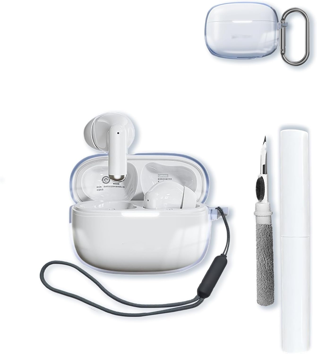 Compatible with Lenovo EA220 Bluetooth Earbuds Case, Clear TPU Shockproof Cover with Keychain, Cleaning Pen & Lanyard