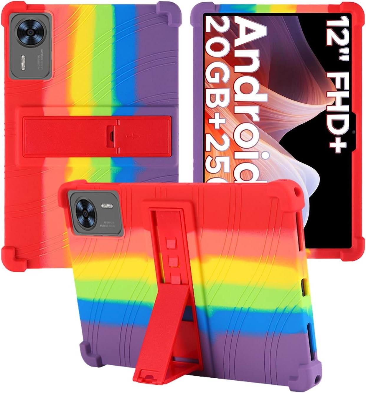 Soft Silicone Case Compatible with DOOGEE T36(2025) 12 Inch Tablet, Shockproof Adjustable Stand, Kids Friendly Rainbow Cover
