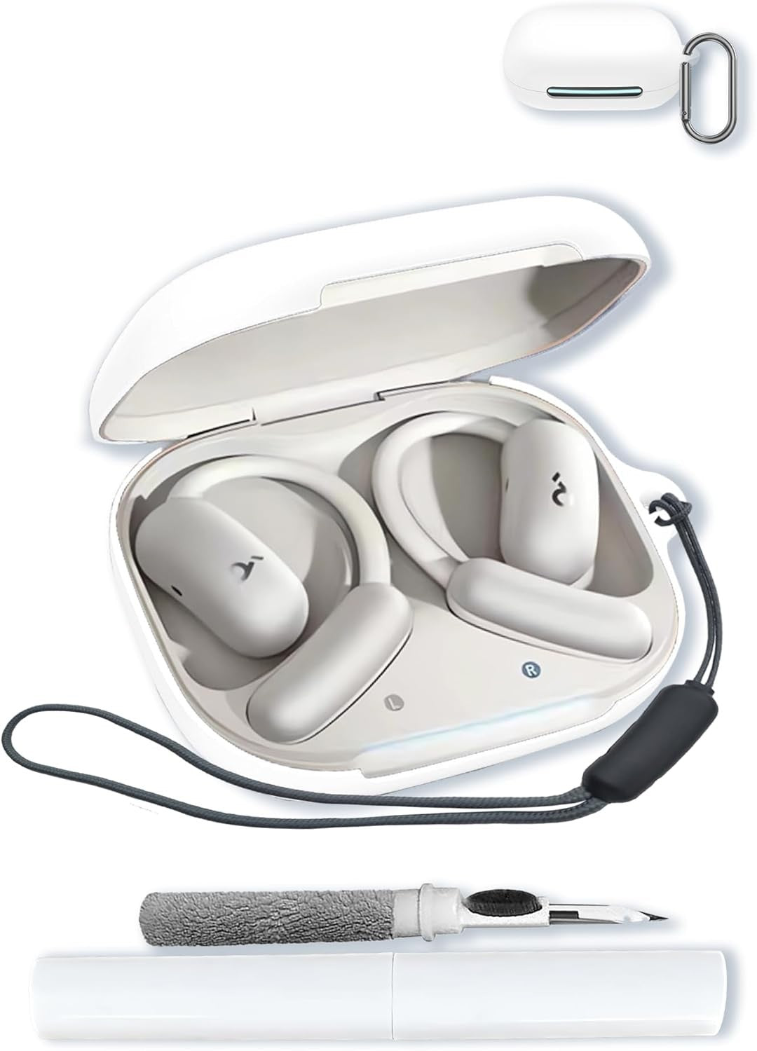 Silicone Case for Soundcore by Anker AeroFit 2 Open-Ear Headphones, Shockproof Protective Cover with Keychain, Cleaning Kit & Lanyard - White