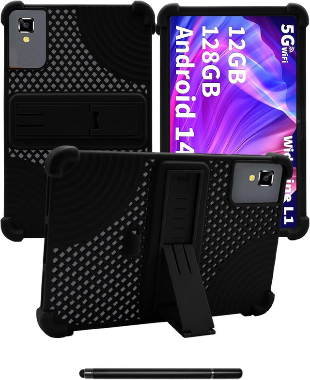 Silicone Tablet Case for YLEEBG TAB10 10", Shockproof, Adjustable Stand, with Pen, Black