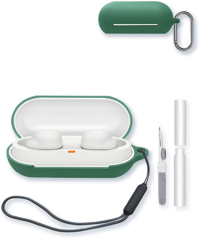Soft Silicone Case for Sony WF-C500 Wireless Earbuds, Protective Cover with Keychain, Cleaning Kit, and Lanyard, Green