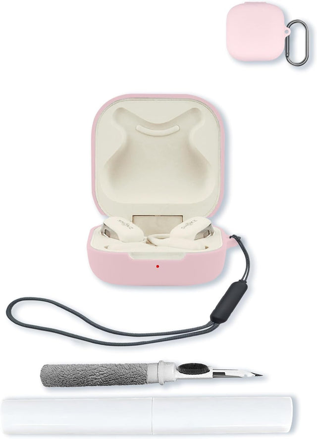 Compatible with SHOKZ OpenFit Silicone Case, Pink Protective Cover with Keychain & Cleaning Kit for Earbuds
