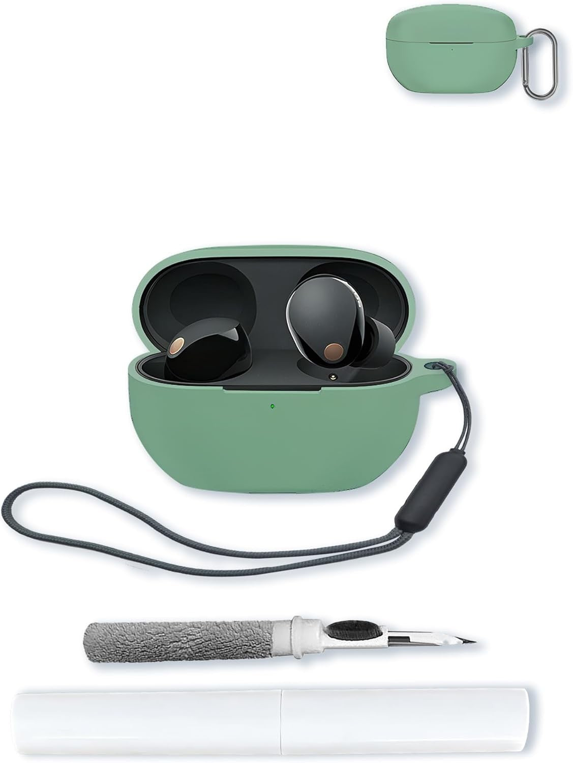 Soft Silicone Cover Compatible with Sony WF-1000XM5, Keychain, Lanyard, Cleaning Kit, Matcha Green