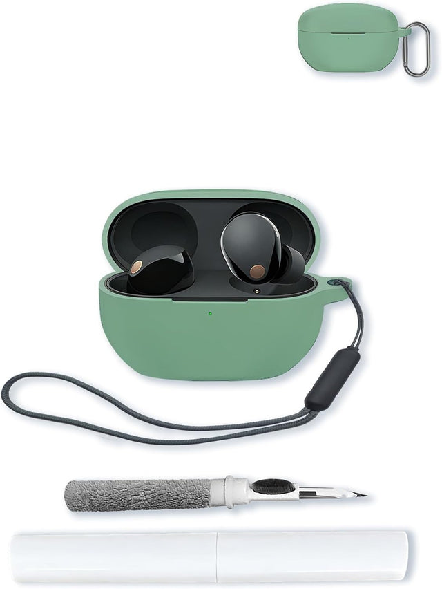 Soft Silicone Cover Compatible with Sony WF-1000XM5, Keychain, Lanyard, Cleaning Kit, Matcha Green