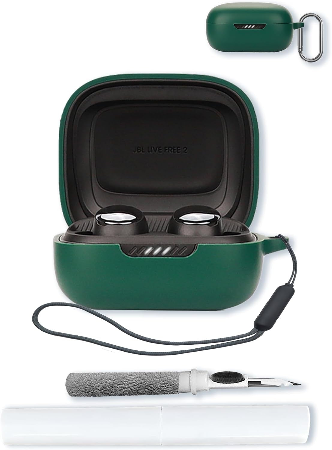 Silicone Case Compatible with JBL Live Pro 2, Soft Protective Cover with Keychain, Cleaning Kit & Lanyard - Green