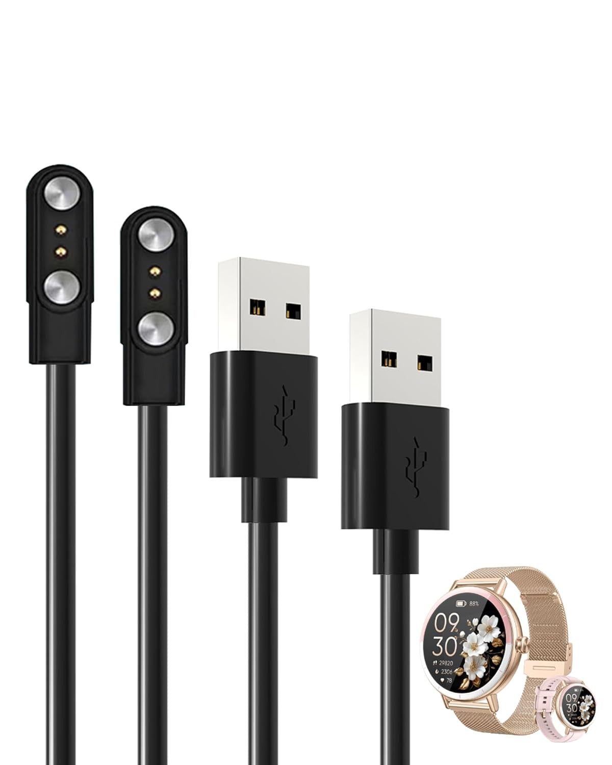 2 Pack Magnetic USB Charging Cable Smart Watch - Black