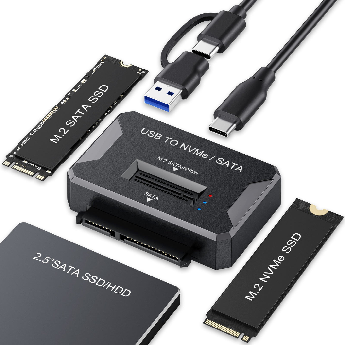 External M.2 NVMe SATA Dual Protocol Hard Drive Enclosure, Type-C 3.2, USB Hub