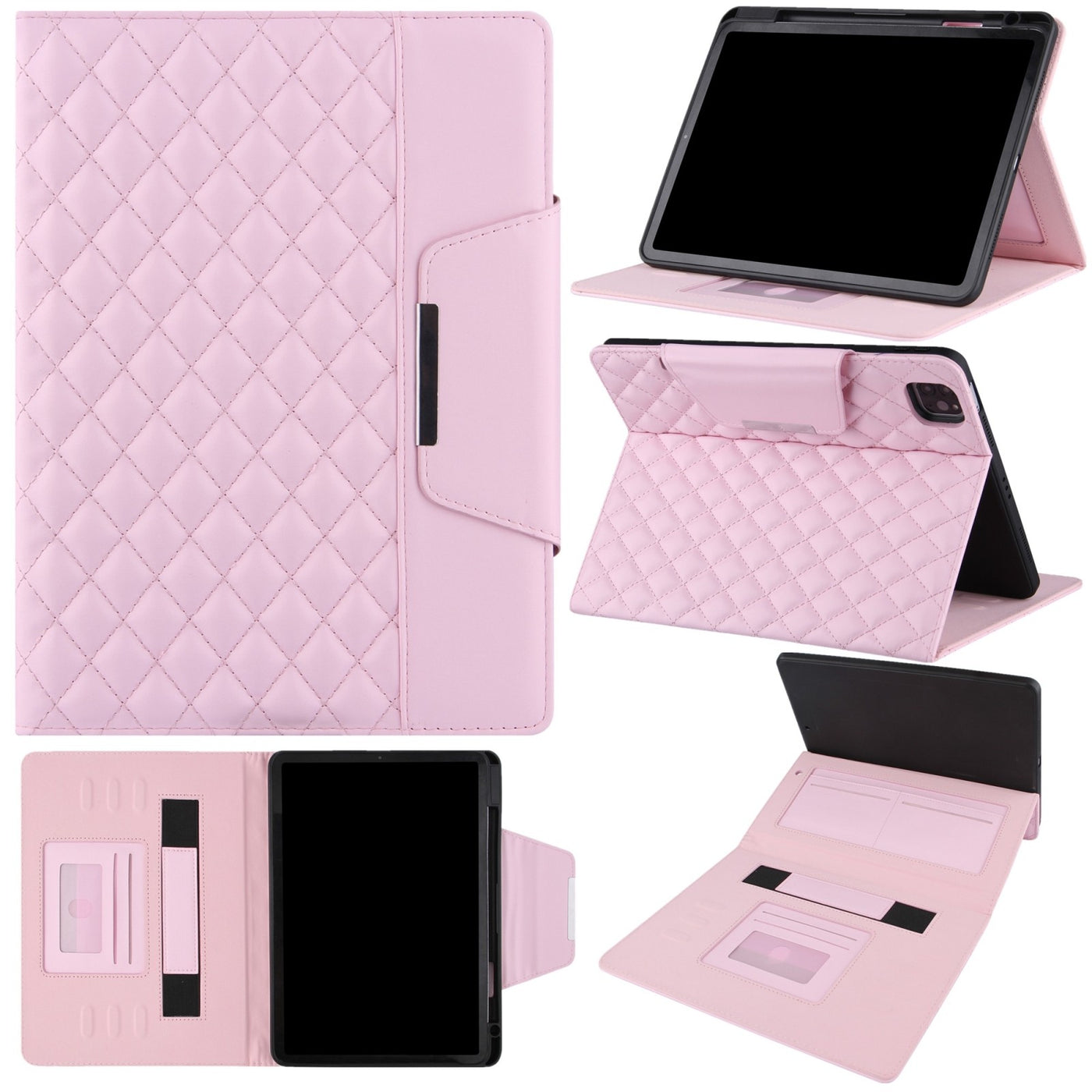 Case for iPad Pro 11 2024, Hardware Buckle, Checkered Leather, Smart Tablet Cover, Pink
