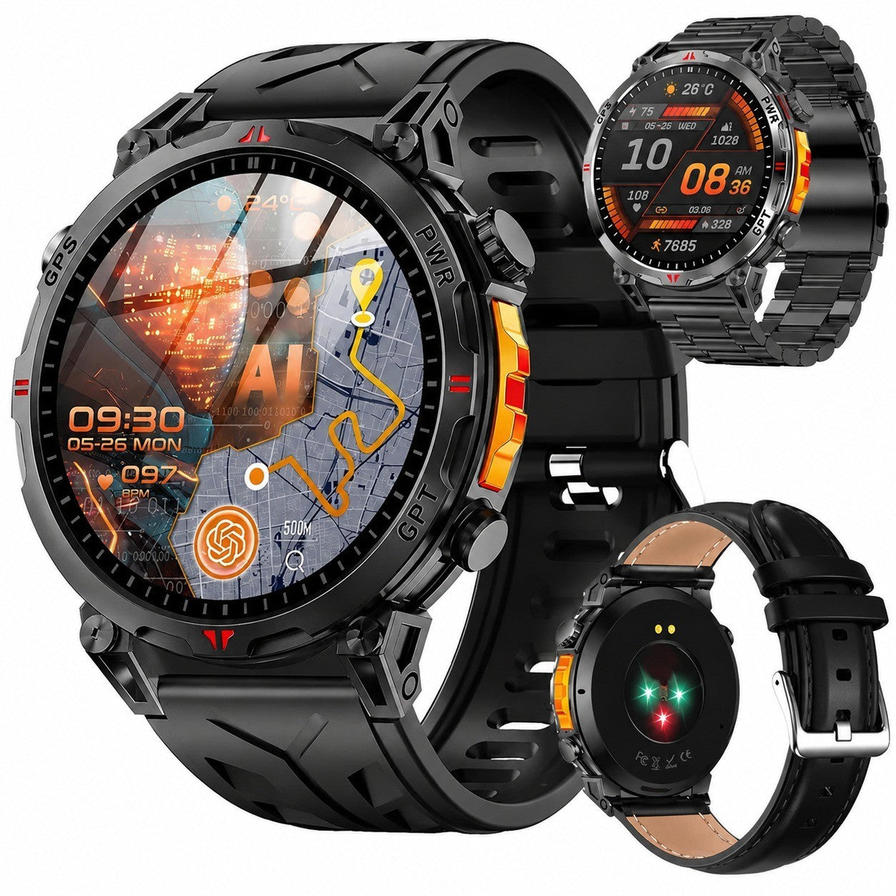 GPS Smartwatch with Heart Rate Monitor, 1.56" AMOLED, Compass, Altimeter, 3 Straps, Black