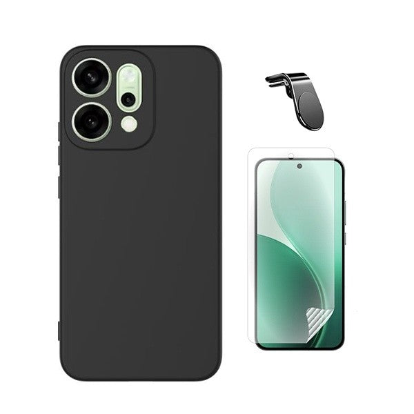 Phone Kit for Oppo Reno14: Hydrogel Screen Protector, Silicone Case, Magnetic Car Mount Holder - Black