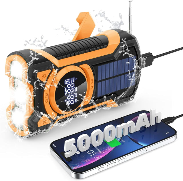 Solar Emergency Radio with Hand Crank, AM/FM/Weather, Bluetooth, Flashlight, 5000mAh