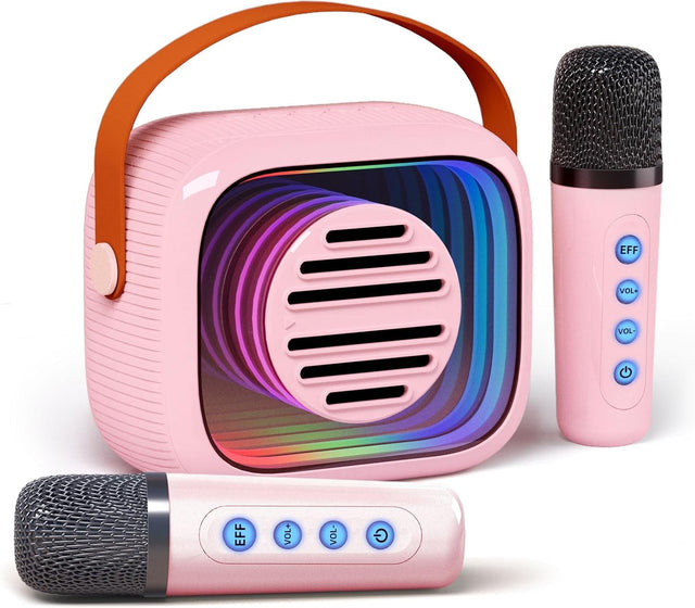 Mini Portable Karaoke Machine with Bluetooth and 2 Wireless Mics, Pink Musical Toy