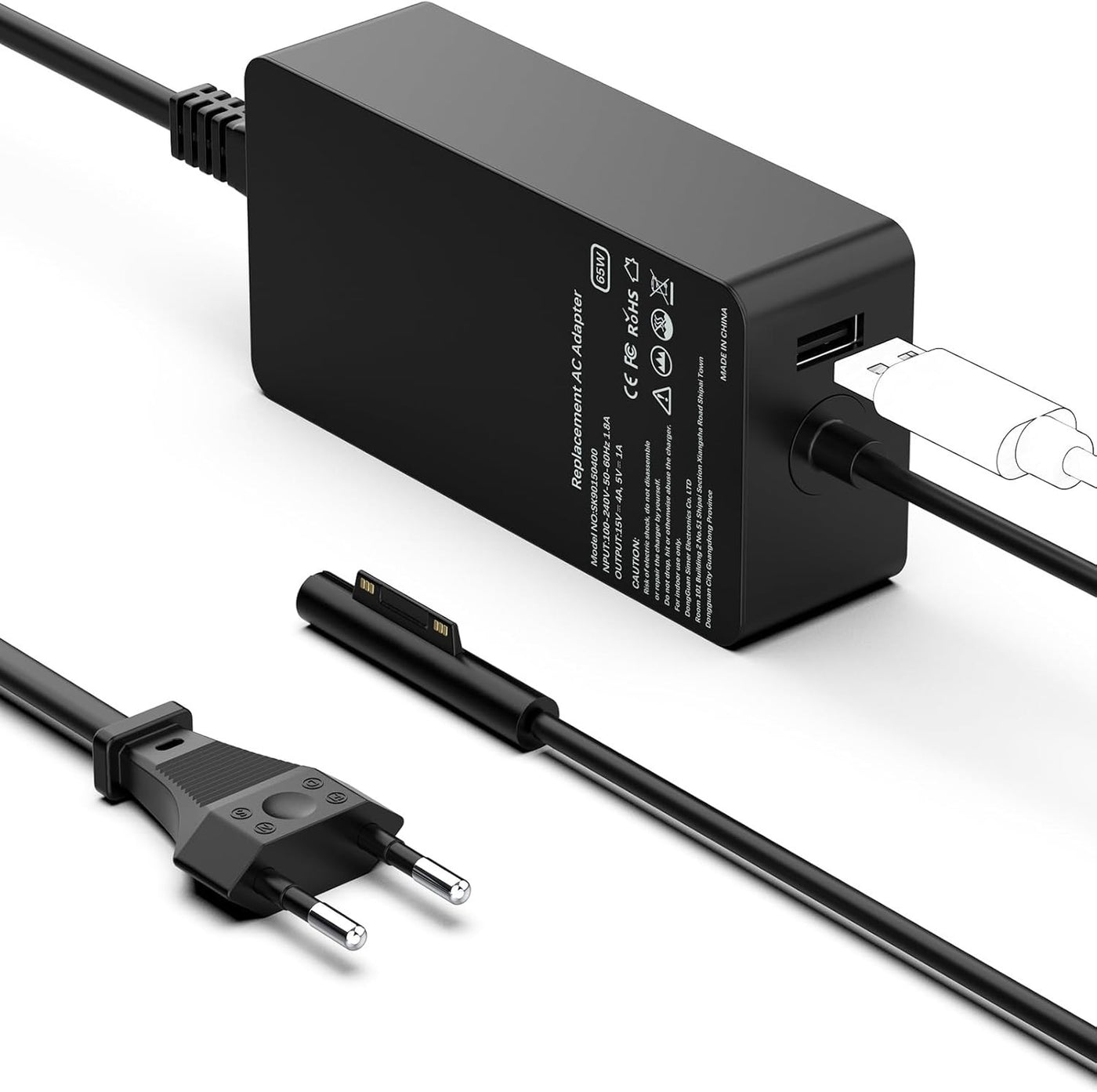 65W Charger Compatible with Microsoft Surface Pro 9/8/7/6/5/4/3/X, Laptop - AC Adapter with USB Port