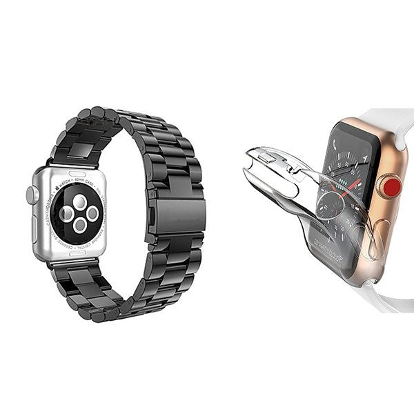 Stainless Steel Band Kit & 360° Impact Case Compatible with Apple Watch Series 11 42mm Black Clear