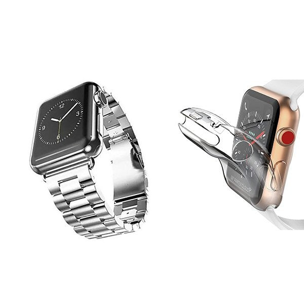 Stainless Steel Bracelet Kit & Tool with 360° Case for Apple Watch S11 42mm Gray/Transparent