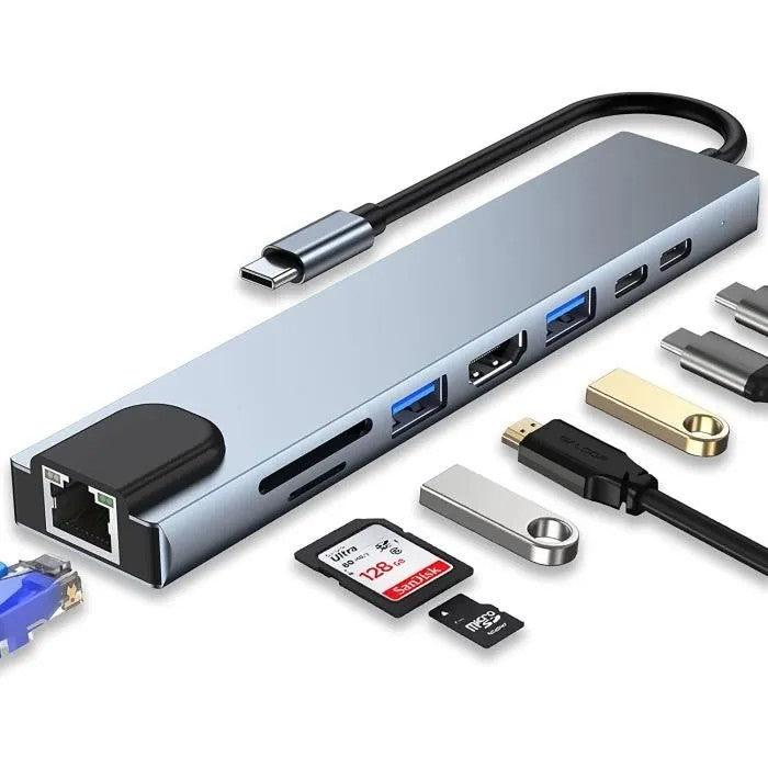 8-in-1 USB C Hub with 4K HDMI, 100W PD, USB 3.0, RJ45 Ethernet, SD/TF Card Reader
