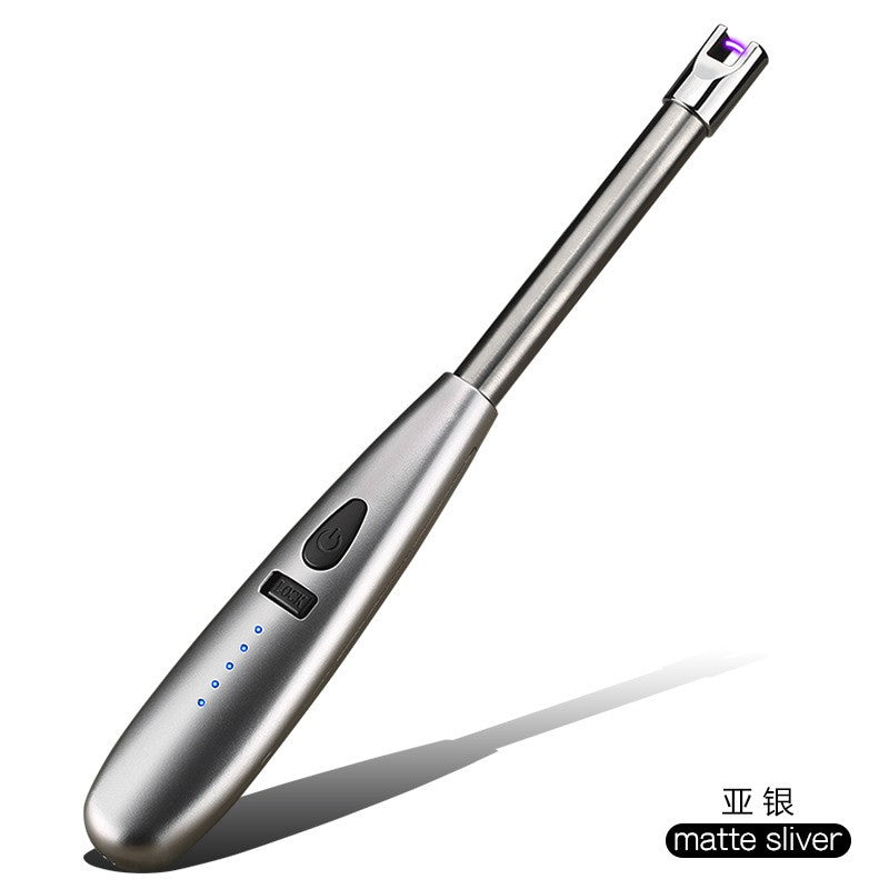 Portable Electric Wind Lighter, Rechargeable, Battery Indicator, Matte Silver, for Camping BBQ