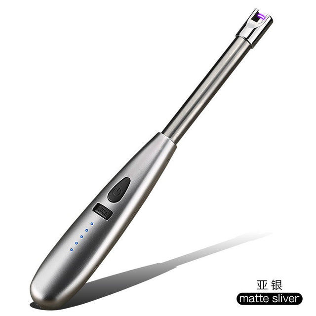 Portable Electric Wind Lighter, Rechargeable, Battery Indicator, Matte Silver, for Camping BBQ