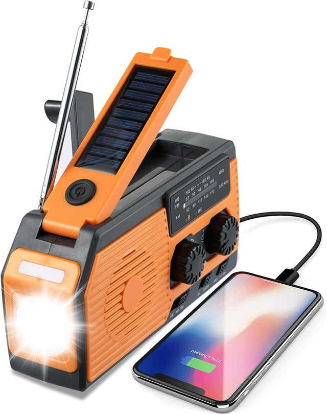 Solar Emergency Radio AM/FM NOAA Weather Alert, 5000mAh Power Bank, Flashlight, SOS, Orange