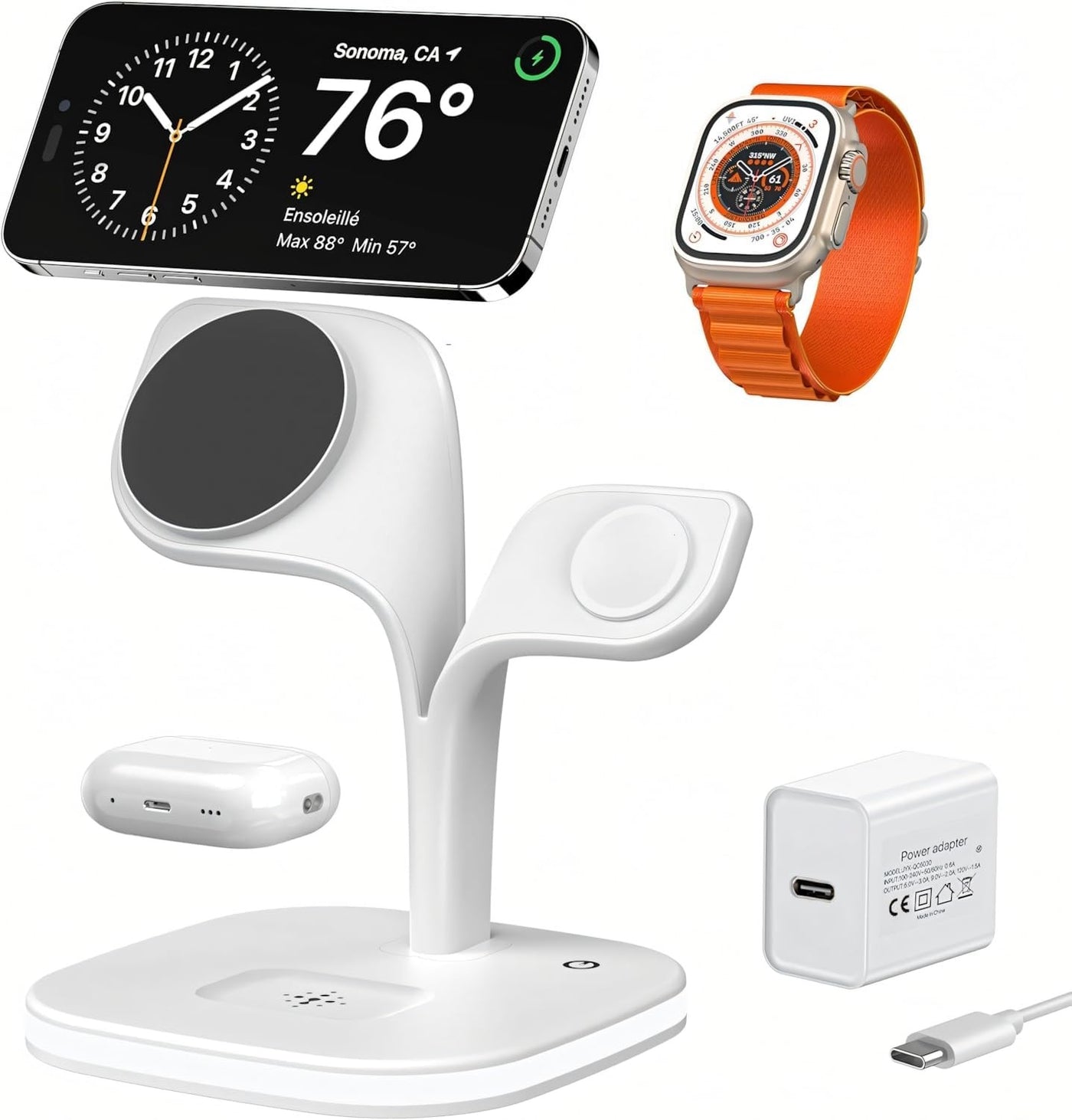 4-in-1 Wireless Charger for iPhone, Apple Watch, AirPods, Qi-Compatible, with Night Light