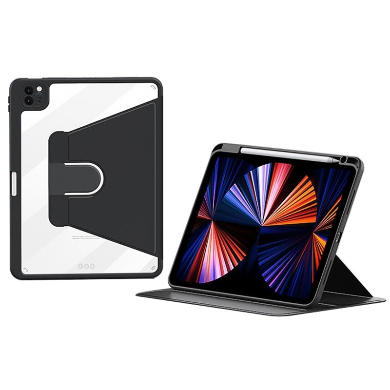 Leather Tablet Case Compatible with iPad Pro 12.9 2022/2021/2020, Tri-Fold 360 Rotation Stand, Black