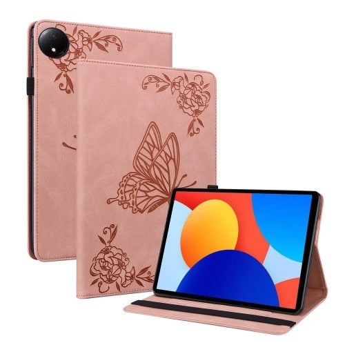 Leather Case with Butterfly Flower Embossing for Xiaomi Redmi Pad SE 8.7, Rose Gold, Stand & Card Slot