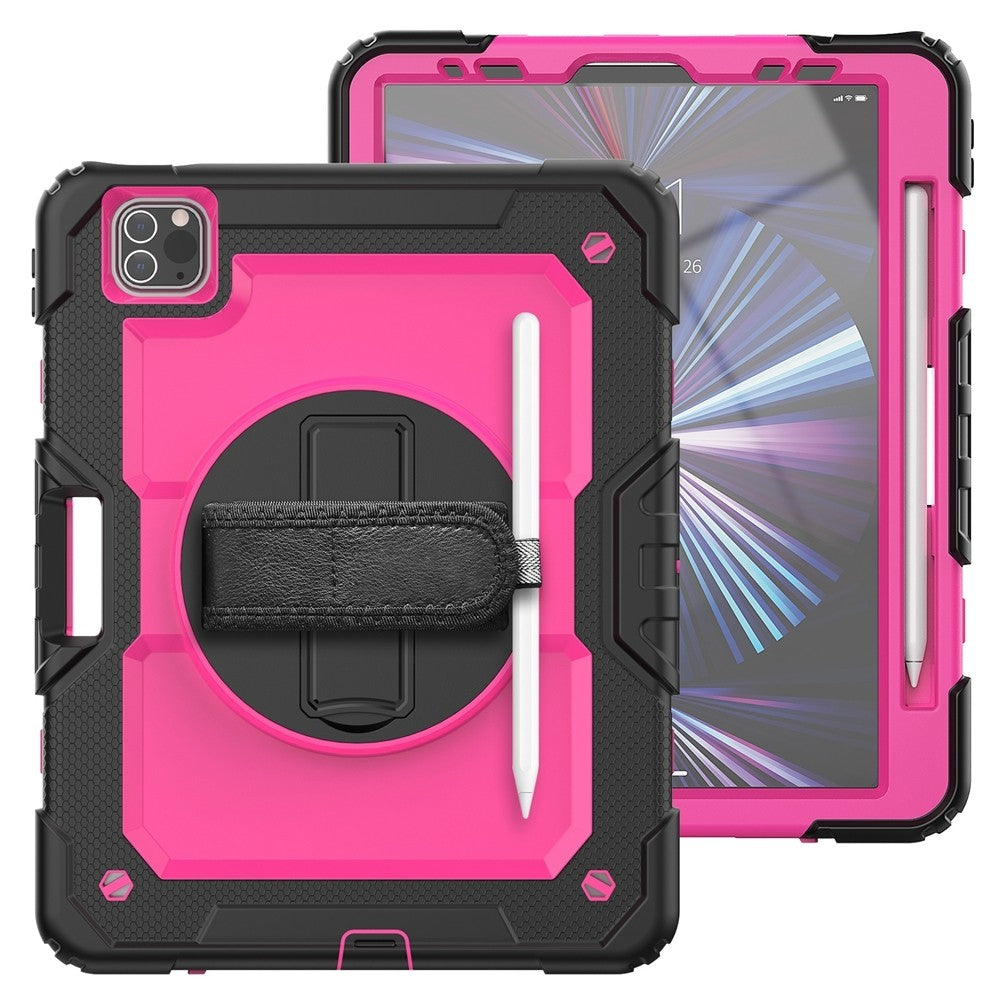 Silicone Case for iPad Pro 11 2024, 2-Layer Protective Cover with 360 Rotating Stand, Pink Red + Black