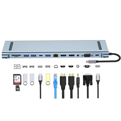 12-in-1 USB C Hub Adapter, 4K HDMI, 100W PD, SD/TF Card Reader, for Laptop