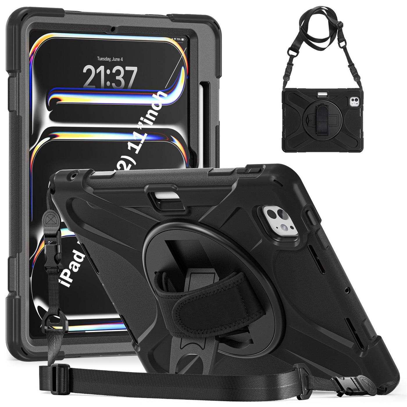 Case for iPad Air 11 2024, Rotating Silicone Stand, Hybrid PC, Shoulder Strap, Navy Blue