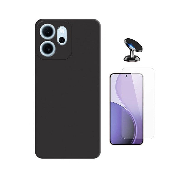 Tempered Glass Kit for Oppo Reno14 F 5G, Silicone Case, Car Mount, Black